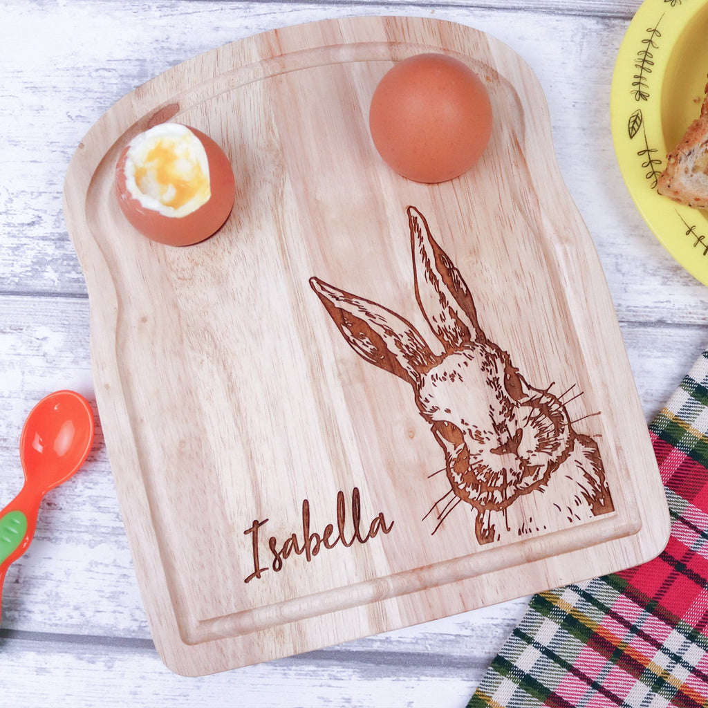 Wooden breakfast egg board with engraved personalisation and bunny by Original Monkey Gifts.