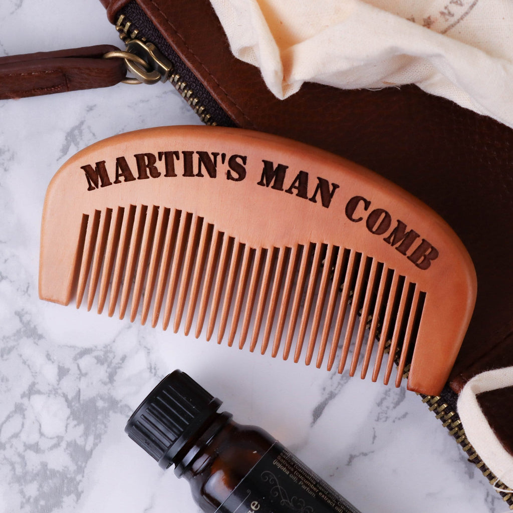 Wooden beard comb with engraved personalised message by Original Monkey Gifts.