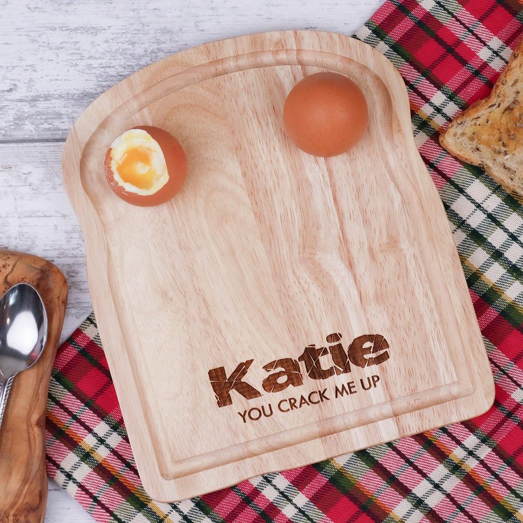 Wooden egg breakfast board with personalisation by Original Monkey Gifts.