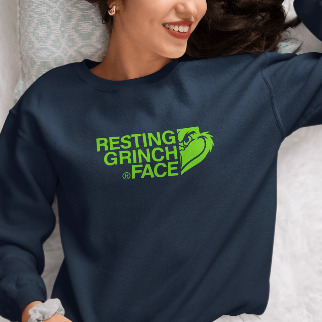 Funny Resting Grinch Face Christmas Jumper by Handford & Mason – Unisex holiday sweatshirt in navy blue with bold green festive slogan design, perfect for Xmas parties and winter gifts.