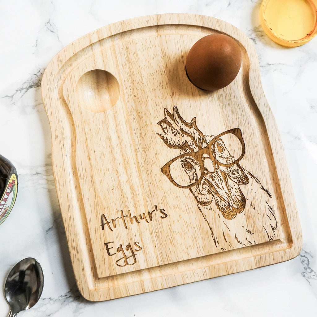 Wooden egg breakfast board with personalisation by Original Monkey Gifts.