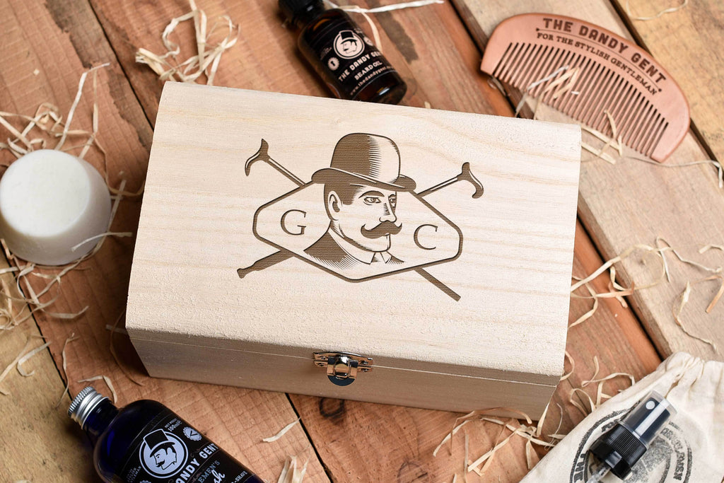 Wooden box on a wooden table top with engraved head and personalised engraving by Original Monkey Gifts.