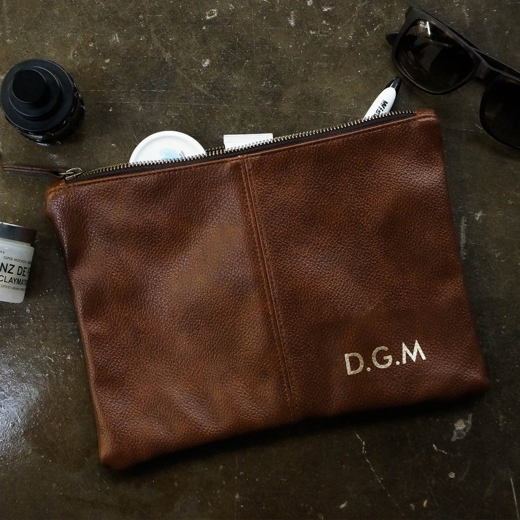 Brown PU leather washbag with gold personalised initials by Original Monkey Gifts.