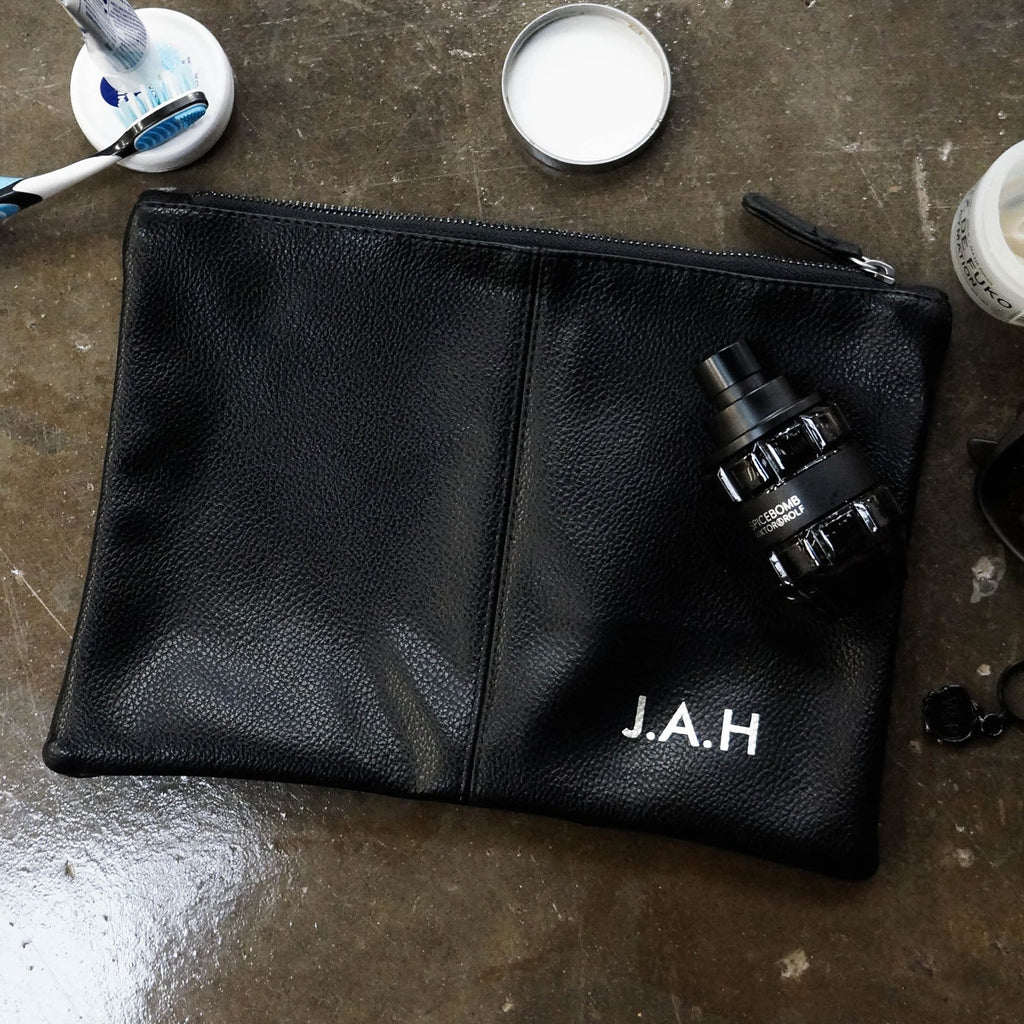 Black PU leather washbag with silver personalised initials by Original Monkey Gifts.