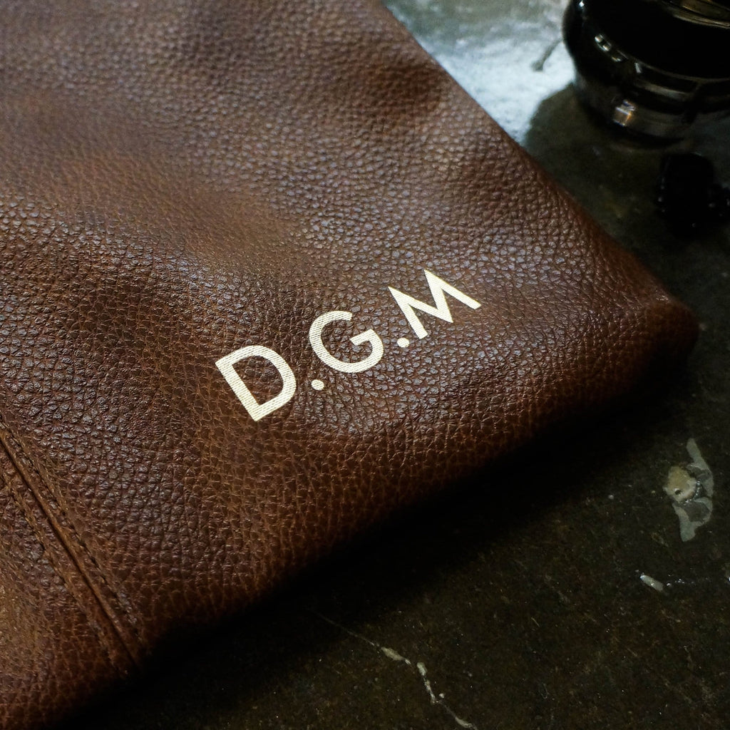 Brown PU leather washbag with gold personalised initials by Original Monkey Gifts.