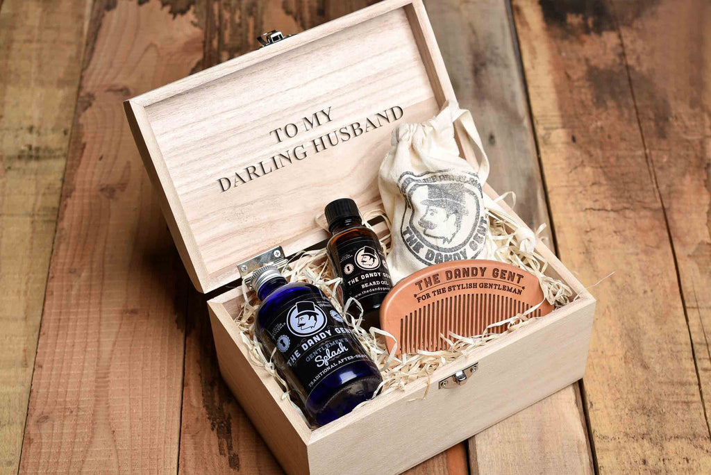 Open wooden box with beard grooming set and personalised message inside by Original Monkey Gifts.