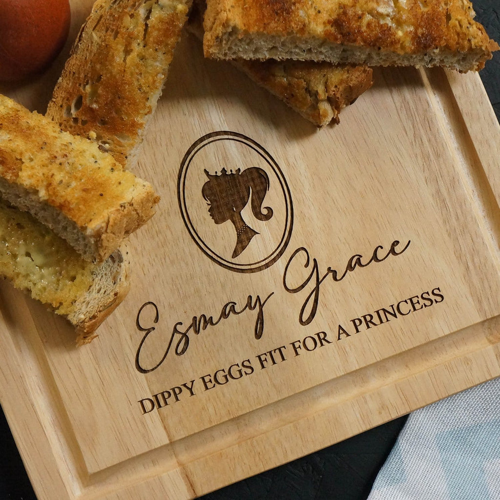 Wooden egg breakfast board with personalisation and princess image by Original Monkey Gifts.