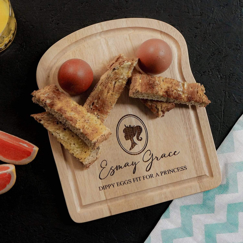 Wooden egg breakfast board with personalisation and princess image by Original Monkey Gifts.