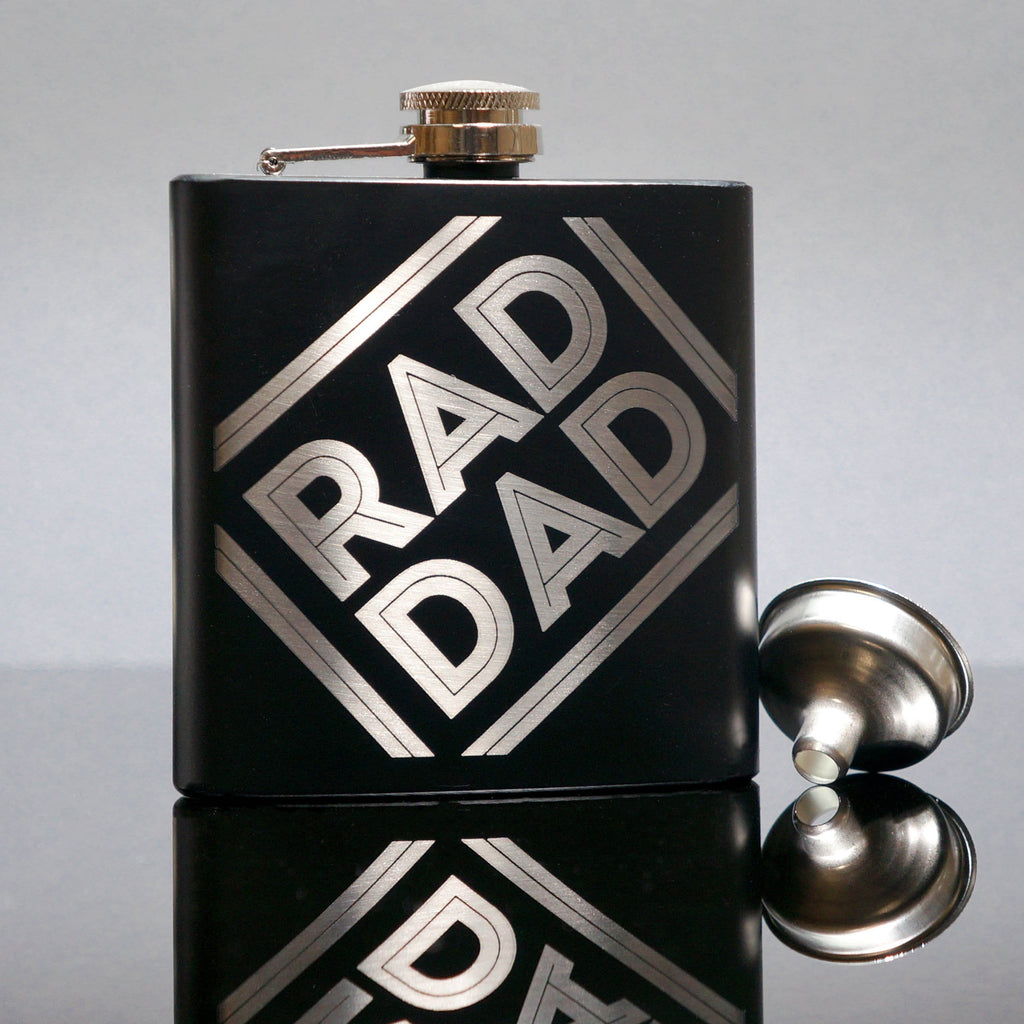 Black hipflask with laser engraved message that reads 'rad dad' by Original Monkey Gifts.