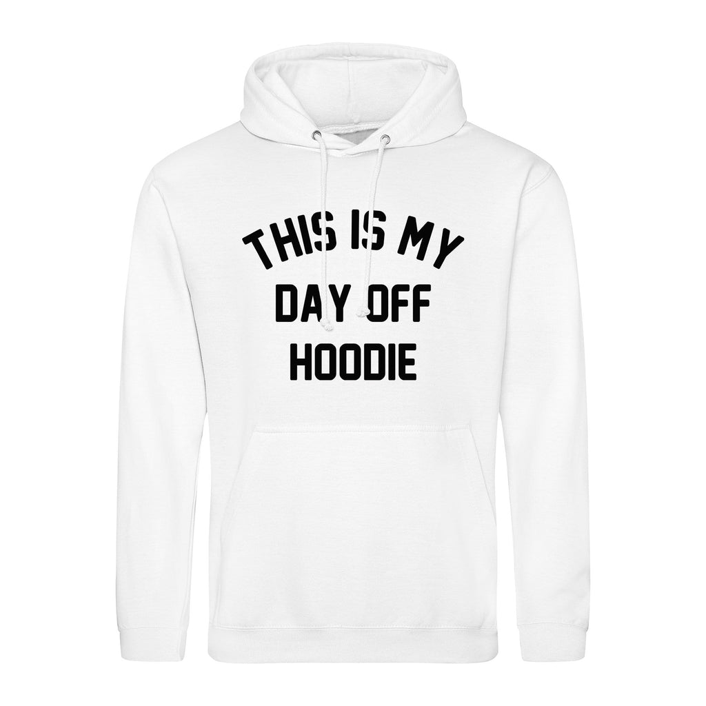 woman wearing yellow hoodie with This is my Day off Hoodie in white text made by Original Monkey