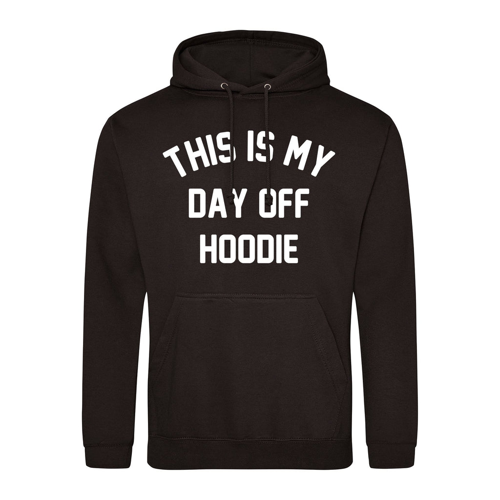 woman wearing black hoodie with This is my Day off Hoodie  in white text made by Original Monkey