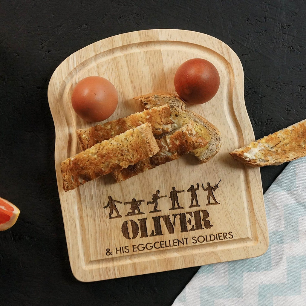Wooden egg breakfast board with personalisation and soldiers image by Original Monkey Gifts.