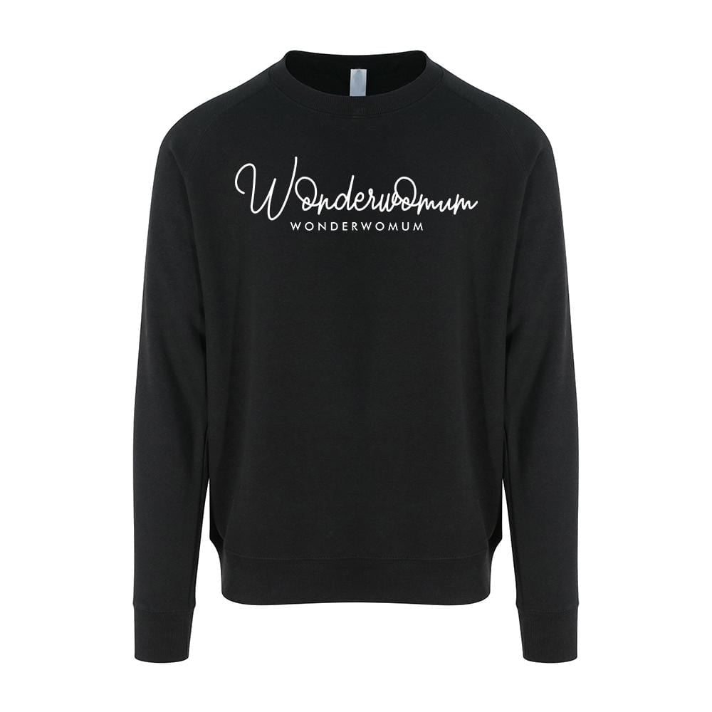 Woman wearing black raglan sleeved sweater with personalised text reading Wonderwomum in white, paired with blue denim jeans. By Original Monkey Gifts.