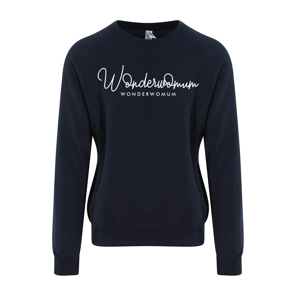 Woman wearing navy raglan sleeved sweater with personalised text reading Wonderwomum in white, paired with blue denim jeans. By Original Monkey Gifts.