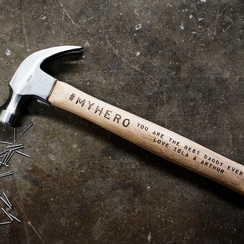 Wooden hammer with personalised engraving that reads 'my hero' by Original Monkey Gifts. 
