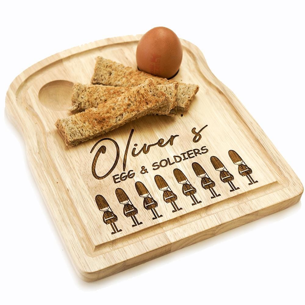 Egg and soldiers board with personalised engraving and soldiers by Original Monkey Gifts.Wooden egg breakfast board with personalisation and soldiers image by Original Monkey Gifts.