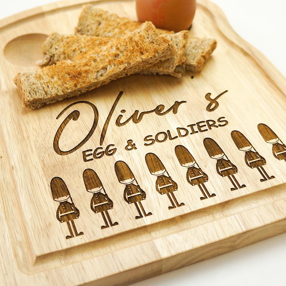 Egg and soldiers board with personalised engraving and soldiers by Original Monkey Gifts.
