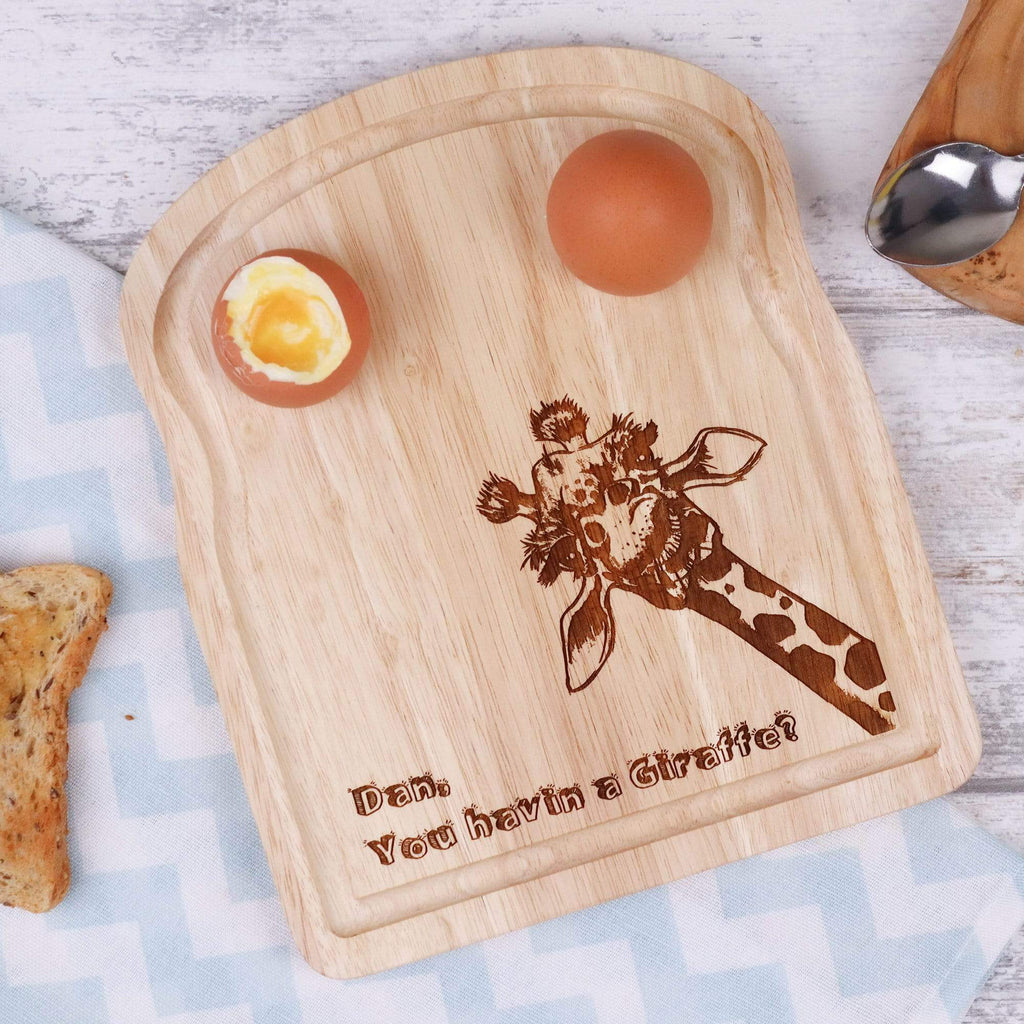 Wooden egg breakfast board with personalisation and giraffe image by Original Monkey Gifts.