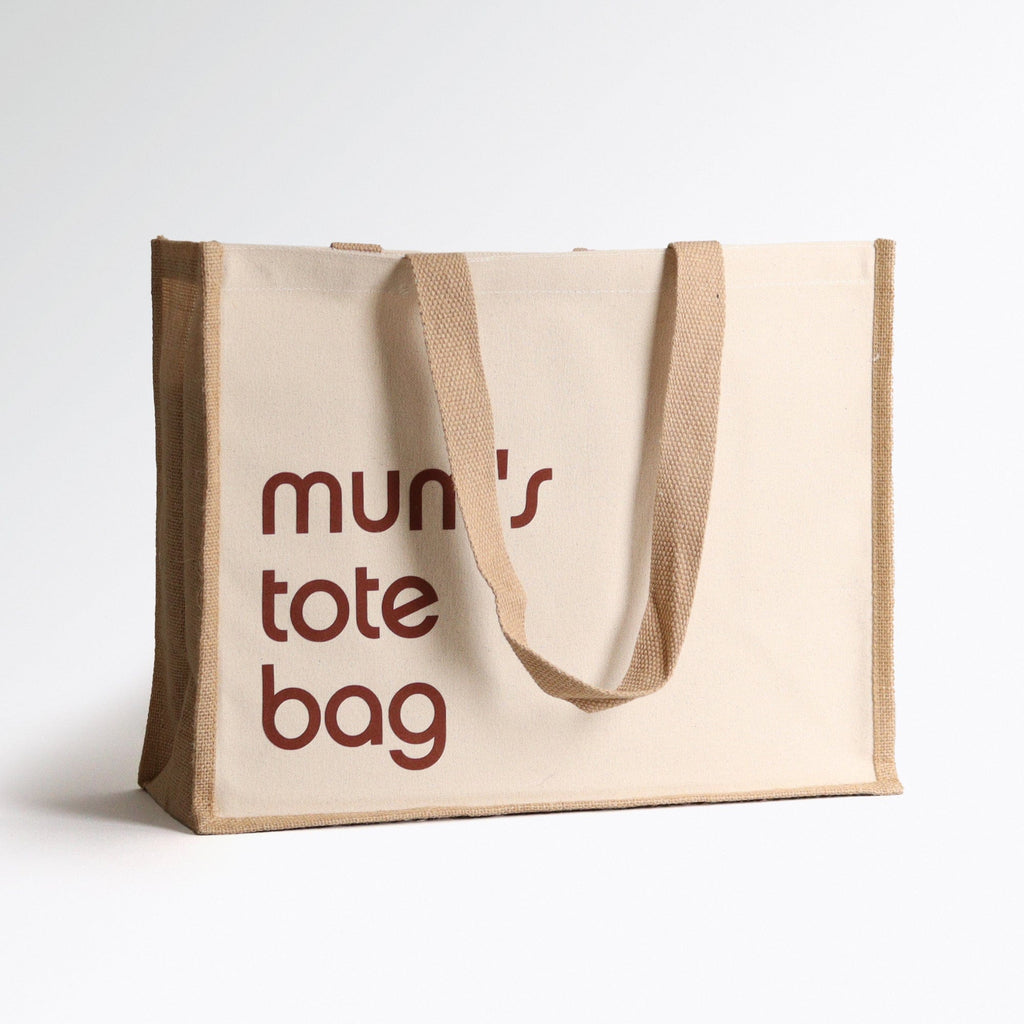 a brown and cream natural tote bag with wording on the front saying Mum's tote bag