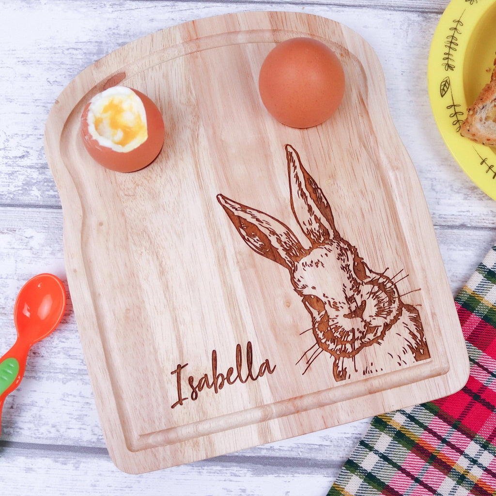 Wooden breakfast egg board with engraved personalisation and bunny by Original Monkey Gifts.