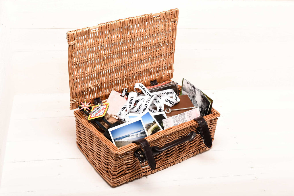 A personalised willow hamper with the initials 'j and k' engraved on top by Original Monkey Gifts.