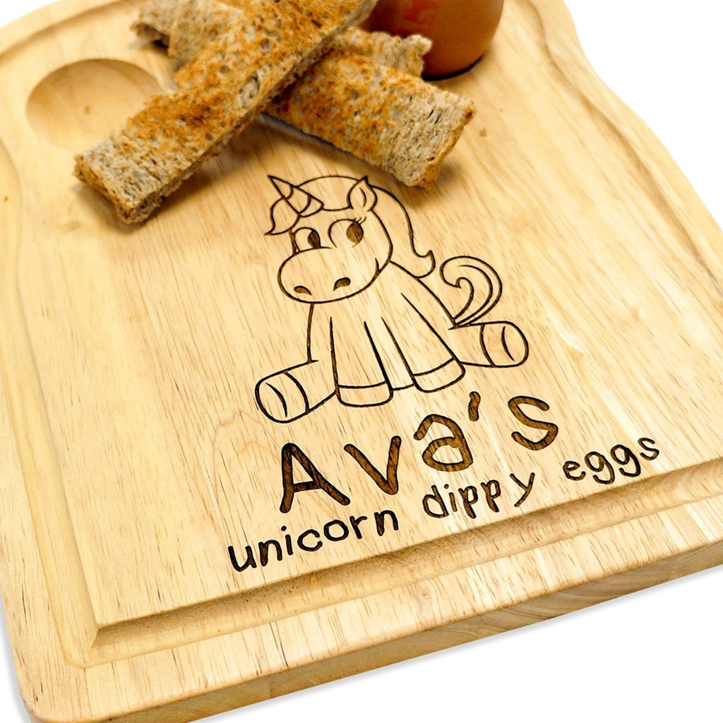 Wooden egg breakfast board with personalisation and unicorn engraving by Original Monkey Gifts.