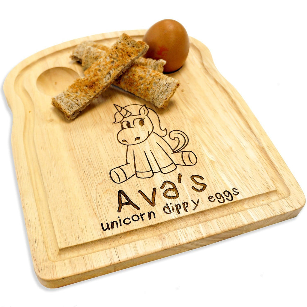 Wooden egg breakfast board with personalisation and unicorn engraving by Original Monkey Gifts.