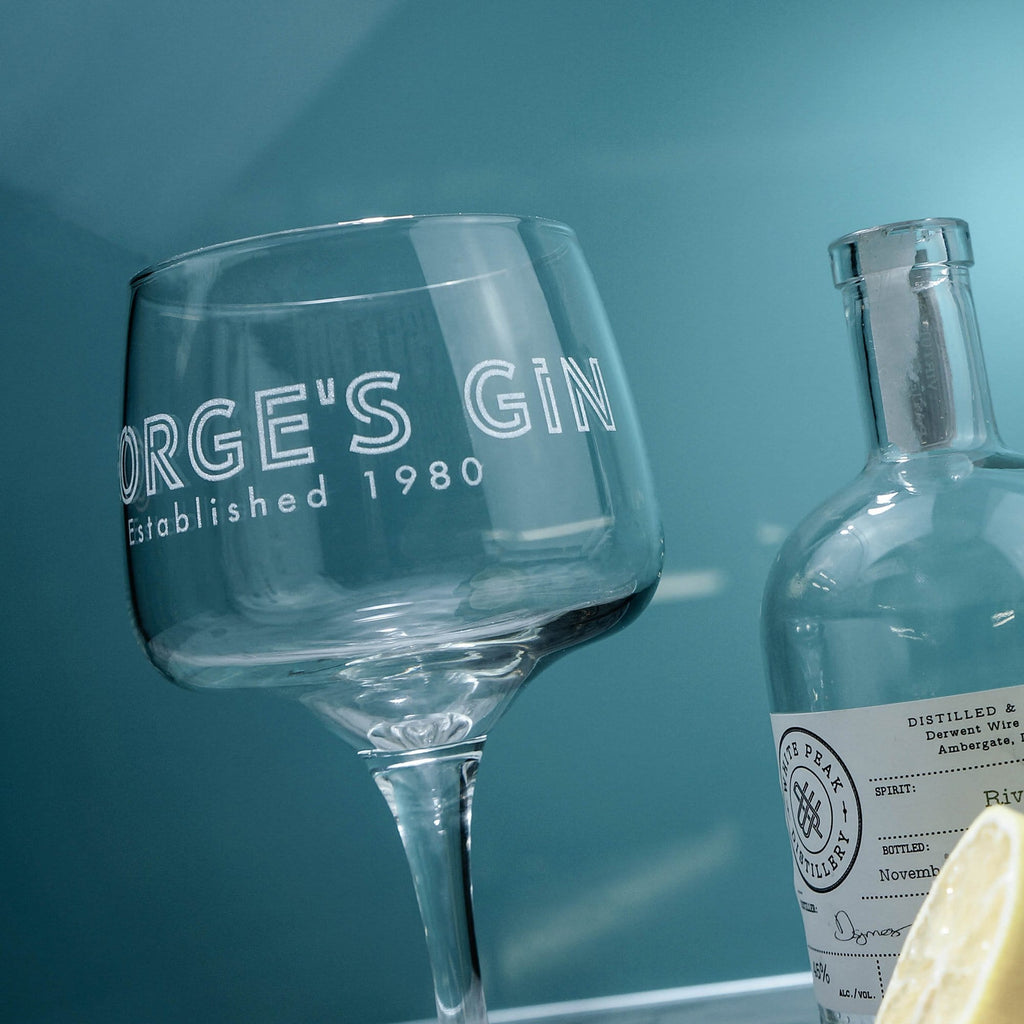 Gin glass engraved with 'established' and the year by Original Monkey Gifts.