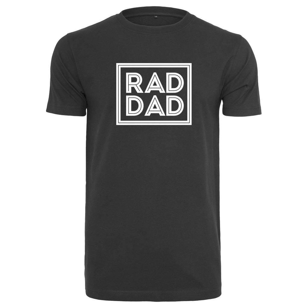 Man wearing a black T shirt with white text that reads 'rad dad' by Original Monkey Gifts.