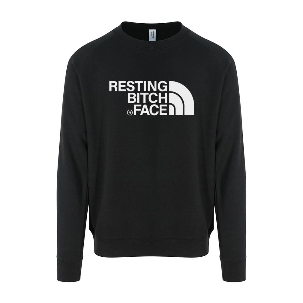 Woman wearing black sweater with resting bitch face written in white across the front. By Original Monkey Gifts