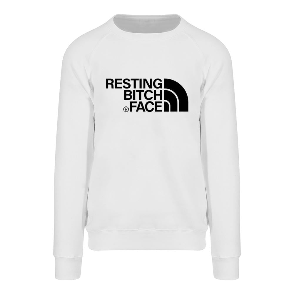 Woman wearing white sweater with resting bitch face written in black across the front. By Original Monkey Gifts